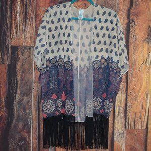 M FASIS By CALIFORNIA BLUE Women's Sz M Fringed Sheer KAFTAN KIMONO CARDIGAN